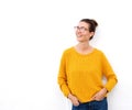 Beautiful young woman smiling with glasses on white background Royalty Free Stock Photo