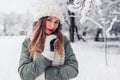 Portrait of beautiful young woman in snowy winter park wearing warm knitted clothes and red festive lipstick. Royalty Free Stock Photo