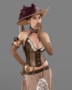 Portrait of a beautiful young woman in Steampunk costume looking thoughtful. Fantasy fashion 3D rendering isolated on grey