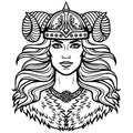 Portrait of the beautiful young woman Valkyrie in a horned helmet. Pagan goddess, mythical character.