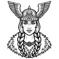 Portrait of the beautiful young woman Valkyrie in a winged helmet.