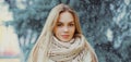 Portrait of beautiful young woman wearing scarf in winter over a snowflakes background