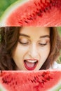 Portrait of a beautiful young woman what is biting slice of watermelon close up Royalty Free Stock Photo