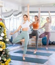 Portrait of beautiful young women doing yoga or pilates exercise in yoga studio. Standing in Warrior one pose Royalty Free Stock Photo