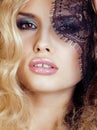 Portrait of beauty blond young woman through black lace close up sensual seduction Royalty Free Stock Photo