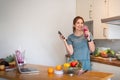 Portrait of beauty body slim healthy asian woman drinking glass of juice. young woman prepare cooking healthy drink in Royalty Free Stock Photo