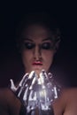 Portrait of beauty cyber woman from the future with clay hairstyle and silver hands Royalty Free Stock Photo