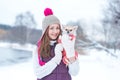 Portrait beauty girl with little dog chihuahua Royalty Free Stock Photo