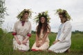 Portrait of beauty girls in camomile chaplet Royalty Free Stock Photo