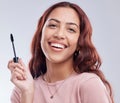Portrait, beauty or happy girl with mascara makeup, cosmetics or product brush laughing in studio. Smile, face or woman Royalty Free Stock Photo