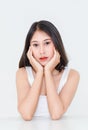 Portrait beauty shot, close up of millennial Asian short black hair model with makeup red lip in tank top undershirt sitting at Royalty Free Stock Photo