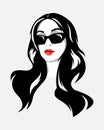 portrait of a beauty woman with long wavy hair and wear sunglasses. vector monochrome illustration. Royalty Free Stock Photo