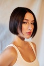 Portrait beauty woman short hair fashion coloring. Dark hair coloring, short haircut chocolate color. Beautiful clean facial skin Royalty Free Stock Photo