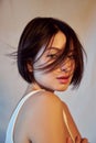 Portrait beauty woman short hair fashion coloring. Dark hair coloring, short haircut chocolate color. Beautiful clean facial skin Royalty Free Stock Photo