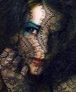 portrait of beauty young woman through lace close up mistery mak Royalty Free Stock Photo