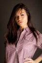 Closeup Portrait Beauty Young Woman Plaid Shirt Posing Grey Studio Royalty Free Stock Photo