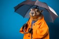 Portrait of a beaver wearing a raincoat and an umbrella in studio, colorful background. Autumn concept. Generative AI