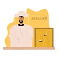 Portrait of a beekeeper and honeycombs with bees, collecting honey, smiling beekeeper, illustration for advertising