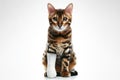 Portrait of a Bengal cat with a white bandage on his leg isolated on solid white background. ai generative