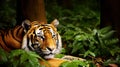 Portrait of a Bengal Tiger lying on a grass in a forest