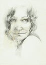 Portrait of a beutifull curly woman pencil drawing