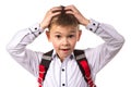 Portrait of bewildered intelligent school boy with hands on the head, white background