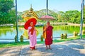 The portrait of Bhikkhu and Bhikkhuni in Theingottara park, Yangon, Myanmar