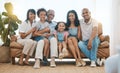 Portrait, big family and smile in home living room on sofa, bonding or having fun. Happiness, parents and grandparents Royalty Free Stock Photo