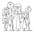 Portrait of Big Happy Family with Five Children, Vector Cartoon Stick Figure Illustration Royalty Free Stock Photo