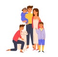 Portrait of big happy family standing together. Young smiling parents, children, baby and dog. Couple with kids and pet