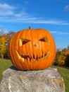 PORTRAIT: Big orange pumpkin decoration with a scary face on Halloween