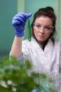 Portrait of biochemist doctor woman holding medical test tube with green liquid