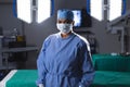 Portrait of biracial female surgeon wearing surgical gown and face mask in operating theatre Royalty Free Stock Photo