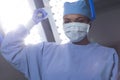 Portrait of biracial female surgeon wearing surgical gown and face mask in operating theatre Royalty Free Stock Photo