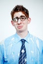 Portrait, bird poo and a business man in studio on a white background for an unlucky or misfortunate mishap. Sad