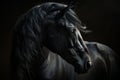 Portrait of black stallion Horse with long mane. Generative AI. Royalty Free Stock Photo