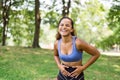 Portrait of black beautiful woman laughing and funny after break workout at park,Happy and smiling,Relaxing time