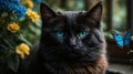 Portrait of a black cat with blue eyes and a butterfly. Royalty Free Stock Photo