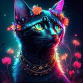Portrait of a black cat in a crown of flowers on a dark background. Generative AI Royalty Free Stock Photo
