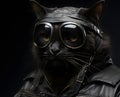 Portrait of Black Cat Wearing Aviator Glasses and Leather Jacket on Black Background - AI generated