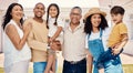 Portrait, black family or children with parents, grandparents and grandkids standing outside in the garden of a home Royalty Free Stock Photo