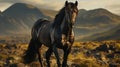 Portrait of black Frisian horse on nature background. Generative AI Royalty Free Stock Photo