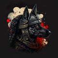 Portrait of a black German shepherd with a gladiator helmet Royalty Free Stock Photo