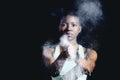 Portrait, black girl and talcum powder in gym to reduce skin friction, moisture or sweat by dark background. Mockup