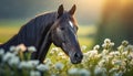 Portrait of black horse in field with white flowers. Farm or wild animal. Blurred natural backdrop Royalty Free Stock Photo