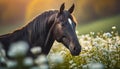 Portrait of black horse in field with white flowers. Farm or wild animal. Blurred natural backdrop Royalty Free Stock Photo