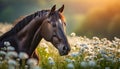 Portrait of black horse in field with white flowers. Farm or wild animal. Blurred natural backdrop Royalty Free Stock Photo