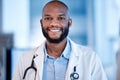 Portrait of black man doctor in healthcare career, professional service smile and hospital job mindset. Face or headshot Royalty Free Stock Photo