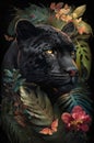 Portrait of a black tiger among roses and palm leaves