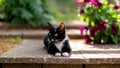 Portrait of a black and white cat with green eyes and a white jabot sitting in summer garden Royalty Free Stock Photo